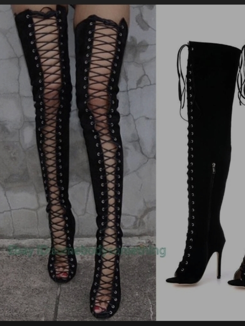 DOLLHOUSE BRAND NWT BLACK THIGH HIGH LACED TIE UP OTK SEXYAF PEEP TOE BOOTS SZ9